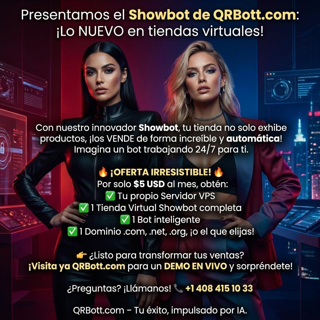 Presentamos el **Showbot de QRBott.com**: ¡Lo NUEVO en tiendas virtuales!

Con nuestro innovador Showbot, tu tienda no solo exhibe productos, ¡los VENDE de forma increíble y automática! Imagina un bot trabajando 24/7 para ti.

🔥 ¡OFERTA IRRESISTIBLE! 🔥
Por solo $5 USD al mes, obtén:
✅ Tu propio Servidor VPS
✅ 1 Tienda Virtual Showbot completa
✅ 1 Bot inteligente
✅ 1 Dominio .com, .net, .org, ¡o el que elijas!

👉 ¿Listo para transformar tus ventas?
¡Visita ya QRBott.com para un DEMO EN VIVO y sorpréndete!

¿Preguntas? ¡Llámanos!
📞 +1 408 415 10 33

QRBott.com – Tu éxito, impulsado por IA. - Beellon CashLike