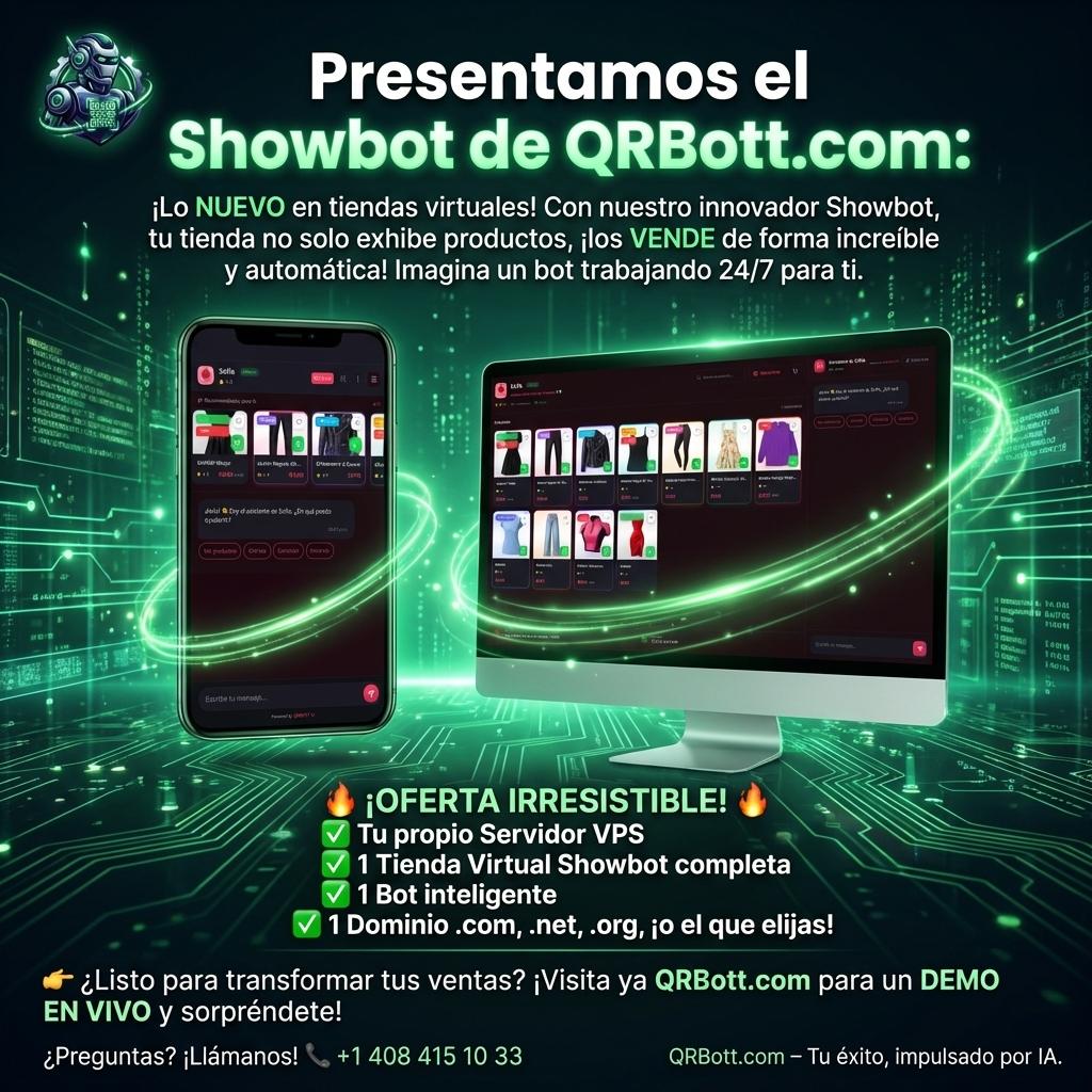 Presentamos el **Showbot de QRBott.com**: ¡Lo NUEVO en tiendas virtuales!

Con nuestro innovador Showbot, tu tienda no solo exhibe productos, ¡los VENDE de forma increíble y automática! Imagina un bot trabajando 24/7 para ti.

🔥 ¡OFERTA IRRESISTIBLE! 🔥
Por solo $5 USD al mes, obtén:
✅ Tu propio Servidor VPS
✅ 1 Tienda Virtual Showbot completa
✅ 1 Bot inteligente
✅ 1 Dominio .com, .net, .org, ¡o el que elijas!

👉 ¿Listo para transformar tus ventas?
¡Visita ya QRBott.com para un DEMO EN VIVO y sorpréndete!

¿Preguntas? ¡Llámanos!
📞 +1 408 415 10 33

QRBott.com – Tu éxito, impulsado por IA. - Beellon CashLike