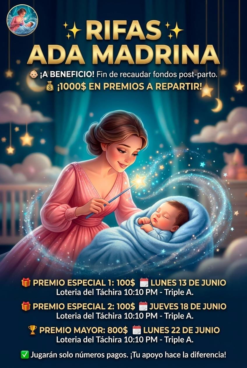 ✨ RIFAS ADA MADRINA
👶 ¡A BENEFICIO! Fin de recaudar fondos post-parto.
💰 ¡1000$ EN PREMIOS A REPARTIR!

🎁 PREMIO ESPECIAL 1: 100$
📅 LUNES 13 DE JUNIO
Loteria del Táchira 10:10 PM - Triple A.

🎁 PREMIO ESPECIAL 2: 100$
📅 JUEVES 18 DE JUNIO
Loteria del Táchira 10:10 PM - Triple A.

🏆 PREMIO MAYOR: 800$
📅 LUNES 22 DE JUNIO
Loteria del Táchira 10:10 PM - Triple A.

✅ Jugarán solo números pagos.
¡Tu apoyo hace la diferencia! - Beellon CashLike