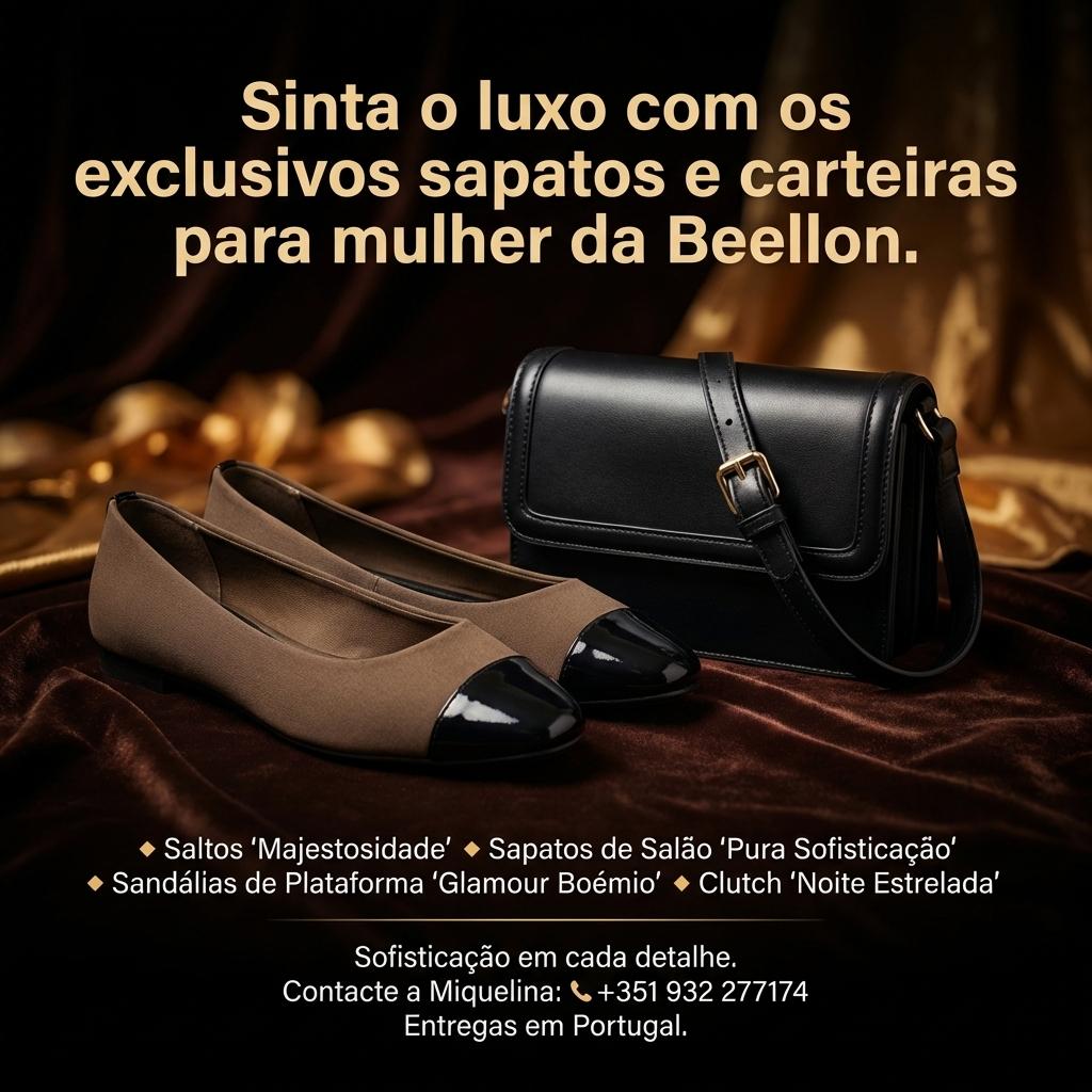 Sinta o luxo com os exclusivos sapatos e carteiras para mulher da Beellon.

🔹 Saltos "Majestosidade"
🔹 Sapatos de Salão "Pura Sofisticação"
🔹 Sandálias de Plataforma "Glamour Boémio"
🔹 Clutch "Noite Estrelada"

Sofisticação em cada detalhe.
Contacte a Miquelina: 📞 +351 932 277174
Entregas em Portugal. - Beellon CashLike