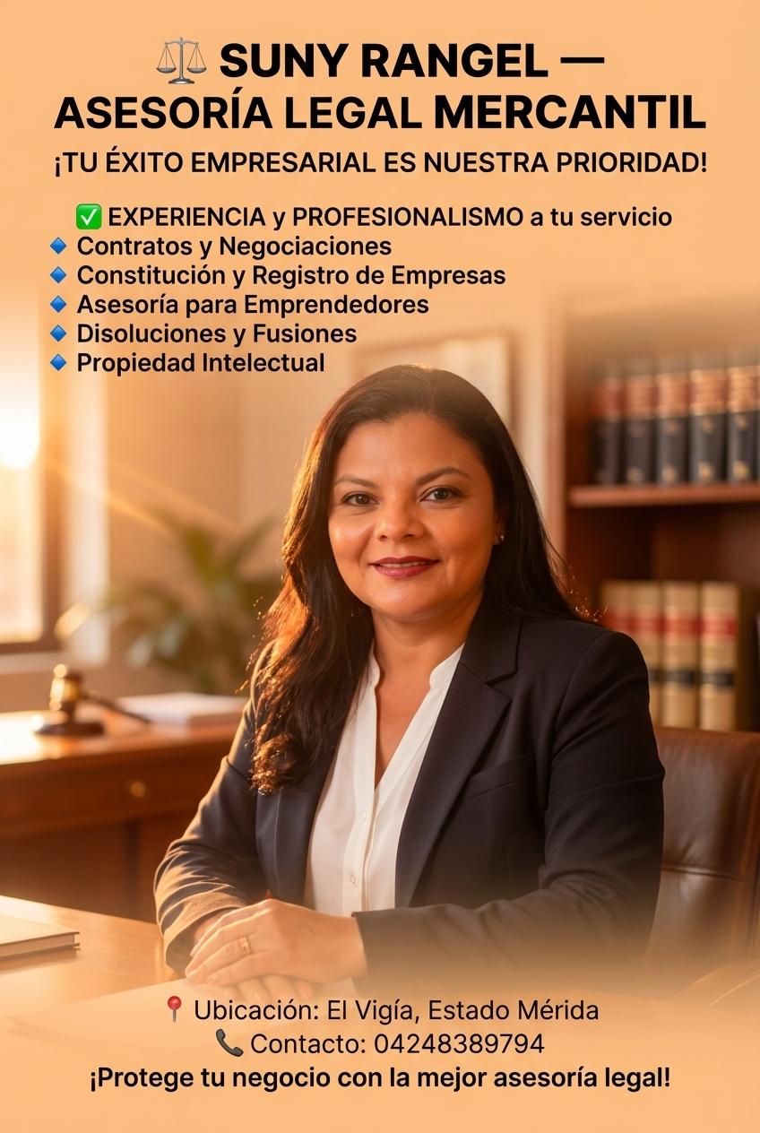 ⚖️ SUNY RANGEL — ASESORÍA LEGAL MERCANTIL
¡TU ÉXITO EMPRESARIAL ES NUESTRA PRIORIDAD!

✅ EXPERIENCIA y PROFESIONALISMO a tu servicio
🔹 Contratos y Negociaciones
🔹 Constitución y Registro de Empresas
🔹 Asesoría para Emprendedores
🔹 Disoluciones y Fusiones
🔹 Propiedad Intelectual

📍 Ubicación: El Vigía, Estado Mérida
📞 Contacto: 04248389794

¡Protege tu negocio con la mejor asesoría legal! - Beellon CashLike