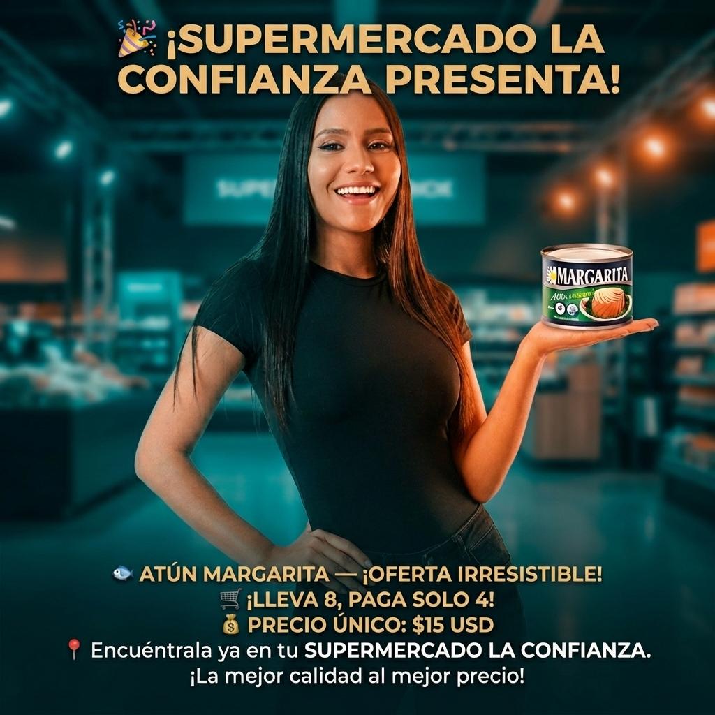 🎉 ¡SUPERMERCADO LA CONFIANZA PRESENTA!
🐟 ATÚN MARGARITA — ¡OFERTA IRRESISTIBLE!
🛒 ¡LLEVA 8, PAGA SOLO 4!
💰 PRECIO ÚNICO: $15 USD
📍 Encuéntrala ya en tu SUPERMERCADO LA CONFIANZA.
¡La mejor calidad al mejor precio - Beellon CashLike