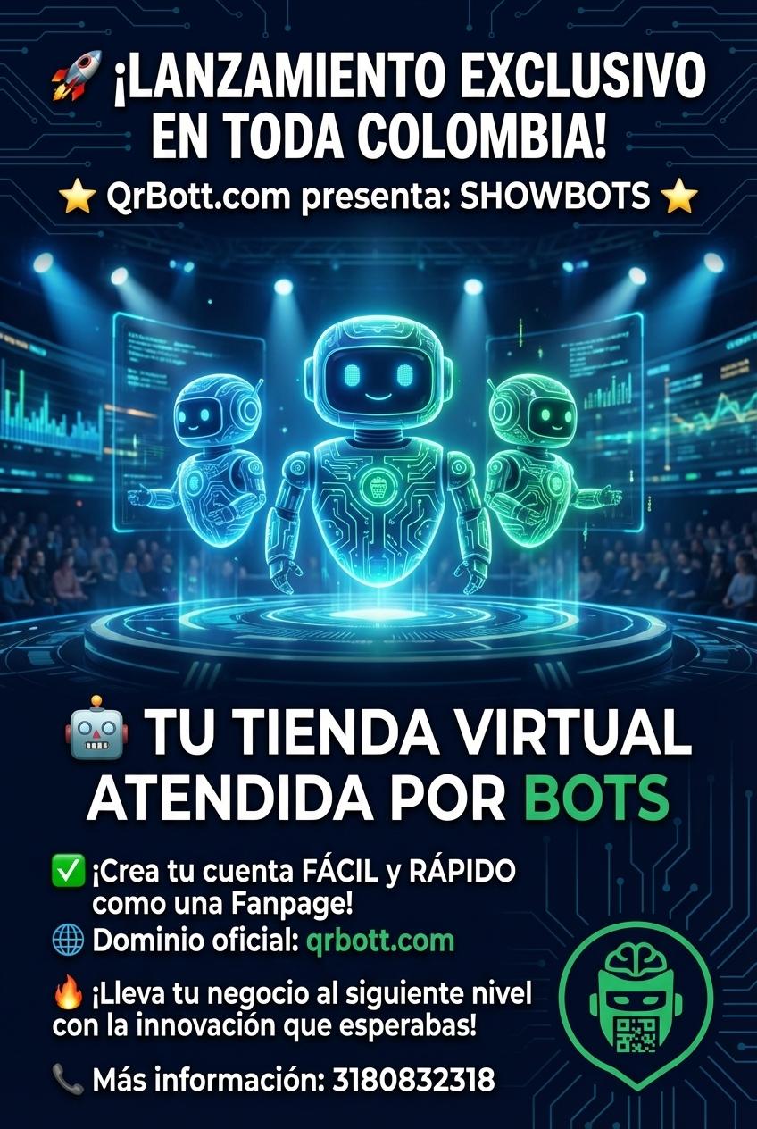 🚀 ¡LANZAMIENTO EXCLUSIVO EN TODA COLOMBIA! 🚀
⭐ QrBott.com presenta: SHOWBOTS ⭐

🤖 TU TIENDA VIRTUAL ATENDIDA POR BOTS
✅ ¡Crea tu cuenta FÁCIL y RÁPIDO como una Fanpage!
🌐 Dominio oficial: qrbott.com

🔥 ¡Lleva tu negocio al siguiente nivel con la innovación que esperabas!

📞 Más información: 3180832318 - Beellon CashLike