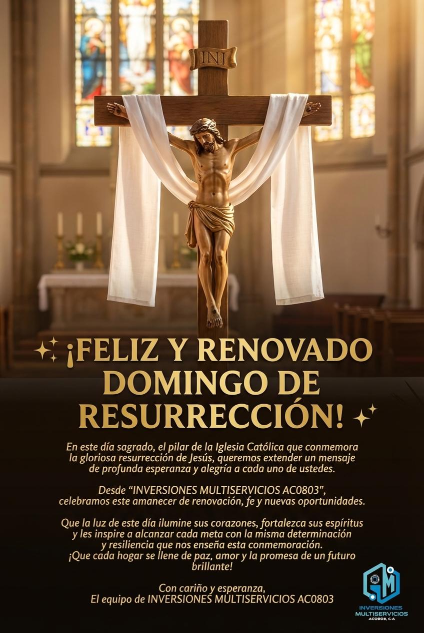 ✨ ¡FELIZ Y RENOVADO DOMINGO DE RESURRECCIÓN! ✨

En este día sagrado, el pilar de la Iglesia Católica que conmemora la gloriosa resurrección de Jesús, queremos extender un mensaje de profunda esperanza y alegría a cada uno de ustedes.

Desde "INVERSIONES MULTISERVICIOS AC0803", celebramos este amanecer de renovación, fe y nuevas oportunidades. Que la luz de este día ilumine sus corazones, fortalezca sus espíritus y les inspire a alcanzar cada meta con la misma determinación y resiliencia que nos enseña esta conmemoración.

¡Que cada hogar se llene de paz, amor y la promesa de un futuro brillante!

Con cariño y esperanza,
El equipo de INVERSIONES MULTISERVICIOS AC0803 - Beellon CashLike