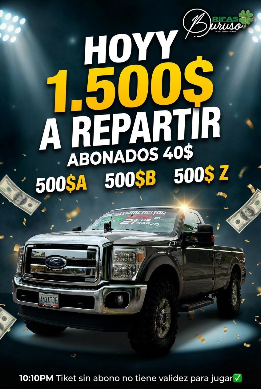 HOYY

1.500$ A REPARTIR 

ABONADOS 40$

500$A
500$B
500$ Z

10:10PM         Tiket sin abono no tiene validez para jugar✅ - Beellon CashLike