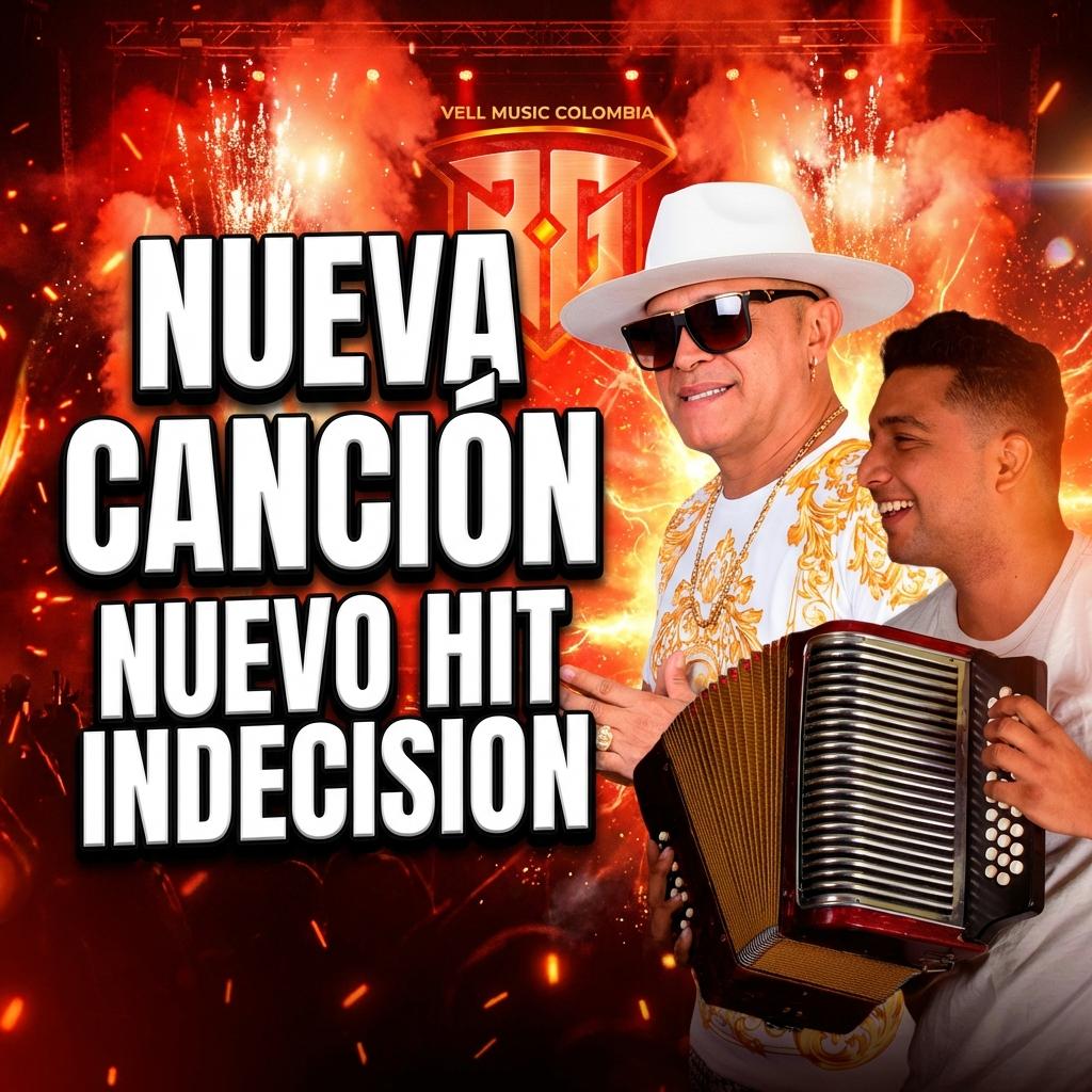 ponga los artistas en un concierto y agrega el logo: canción  titulada INDECISION  poner los nombres de los artistas   Ricardo guerrero  Yovaninis urrego Y un logo de la casa disquera  VELL MUSIC COLOMBIA - Beellon CashLike