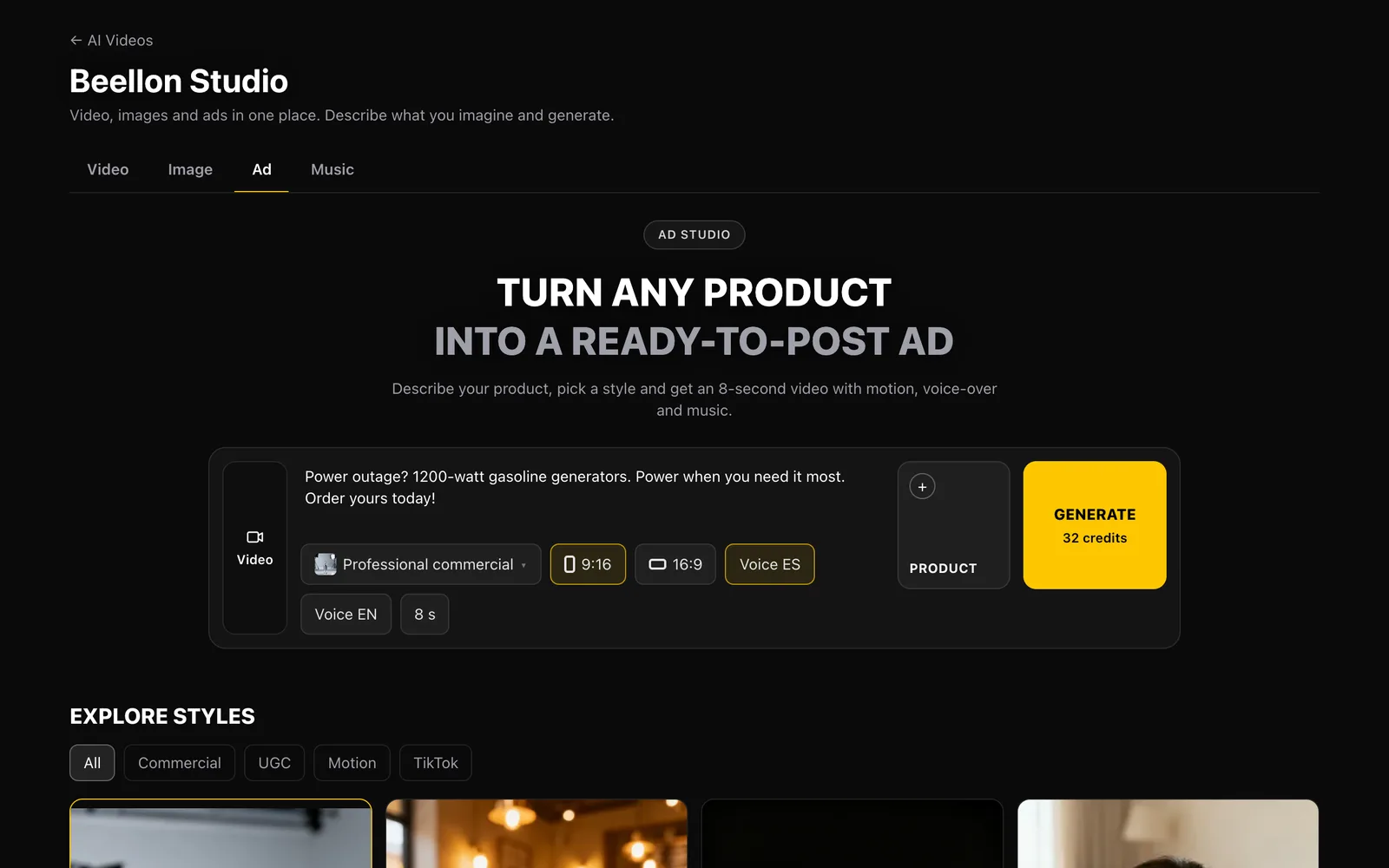 Beellon ad studio with a single bar: the product text, the style, the format, the voice, the Product box and the Generate button with its price