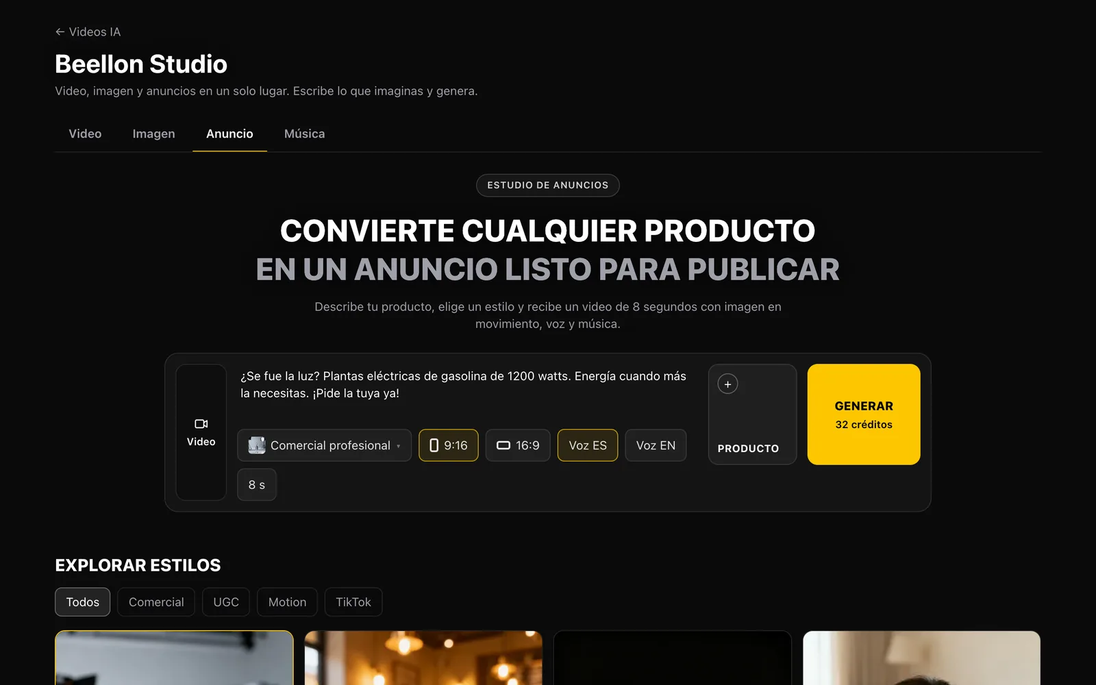 Estudio de anuncios de Beellon con una sola barra: el texto del producto, el estilo, el formato, la voz, la casilla Producto y el botón Generar con el precio