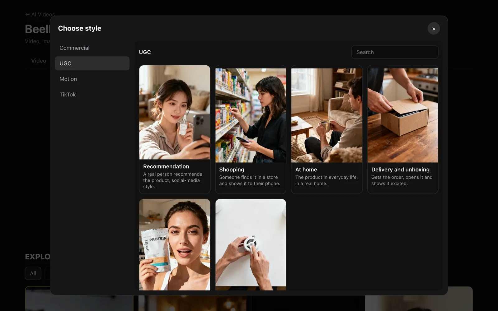 Choose style window with the Commercial, UGC, Motion and TikTok groups and a sample image for each style