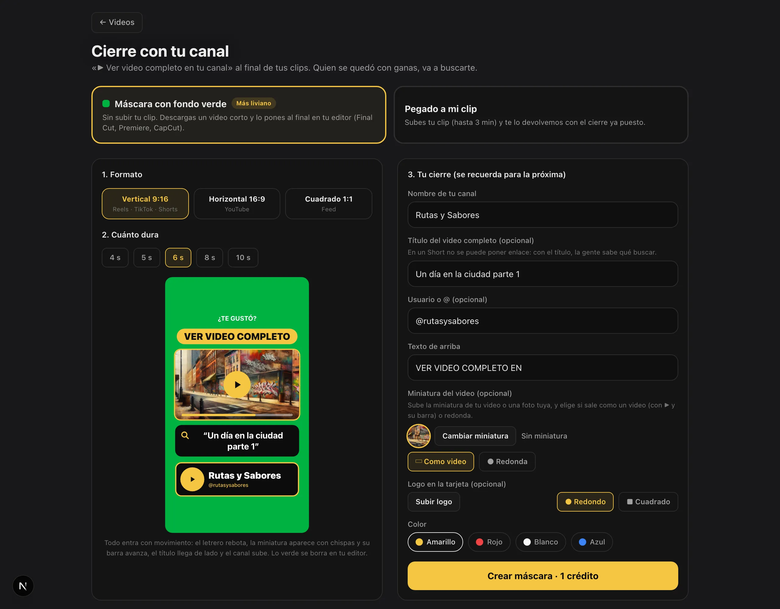 Pantalla de Cierre con tu canal: a la izquierda el formato y la duracion con la vista previa del cartel, a la derecha los datos del canal