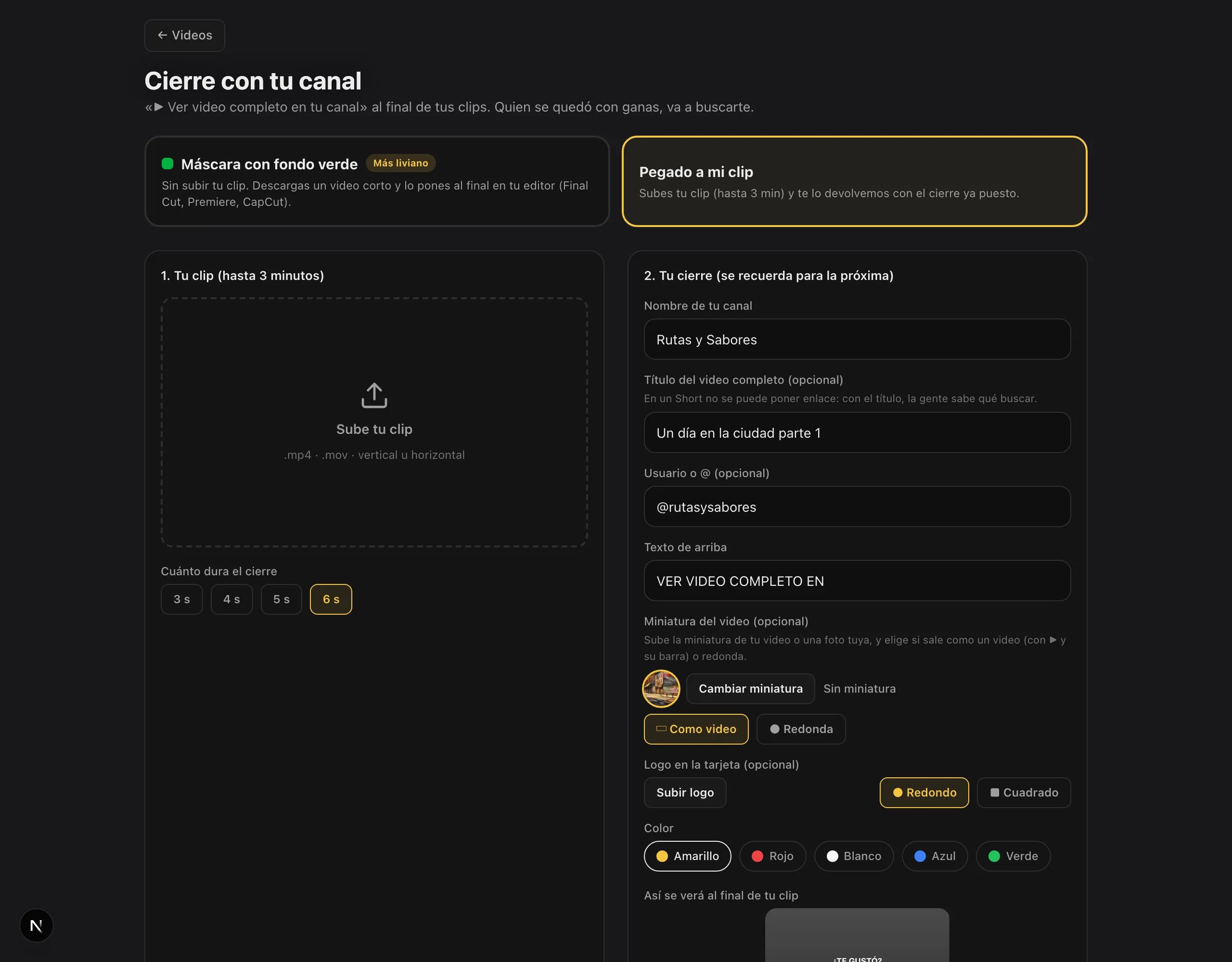 Modo Pegado a mi clip con el recuadro para subir el video