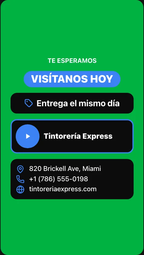 Cartel de negocio en azul, sin foto, con el ícono de llamada junto al teléfono