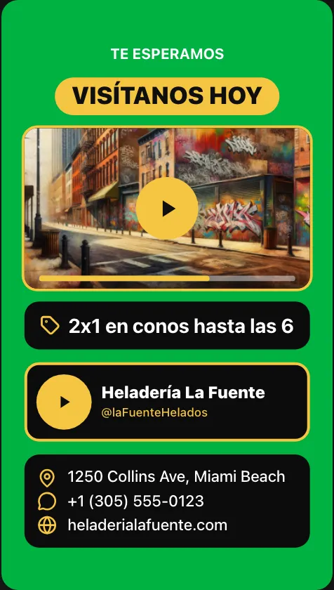 Cartel de negocio: VISÍTANOS HOY, oferta, nombre del local, dirección con pin y teléfono con ícono de WhatsApp