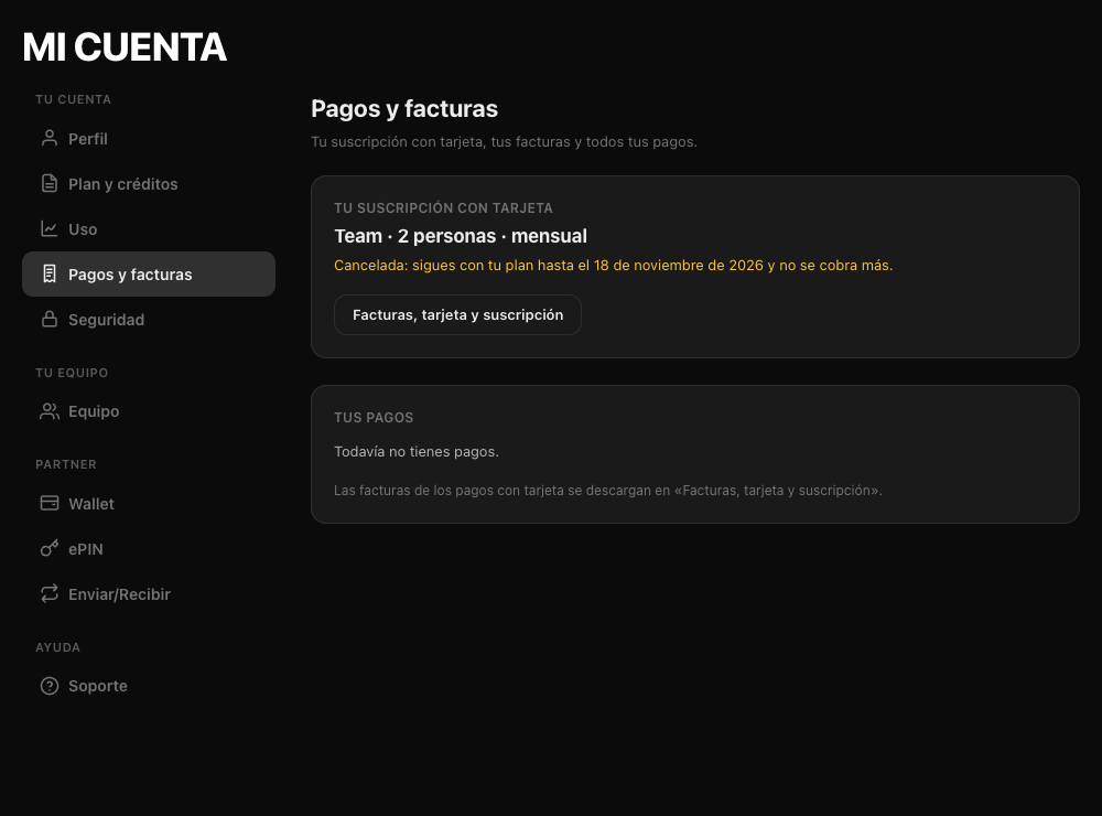 Sección Pagos y facturas con la suscripción con tarjeta y la lista de pagos