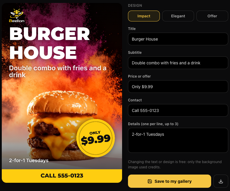 Burger flyer with the Impact design: big title, price badge and contact bar, with the text fields on the right