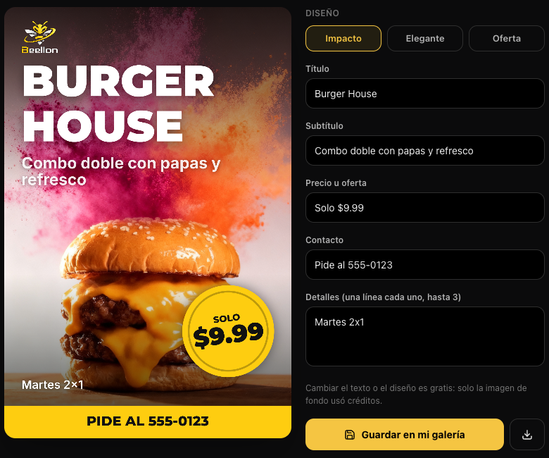 Flyer de hamburguesa con diseño Impacto: título grande, sello con el precio y barra de contacto, y a la derecha las casillas para editar el texto