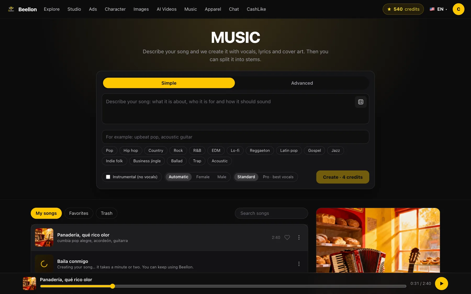 Beellon Music screen with the bar to describe the song, genres, voice, quality and the Create button with its price