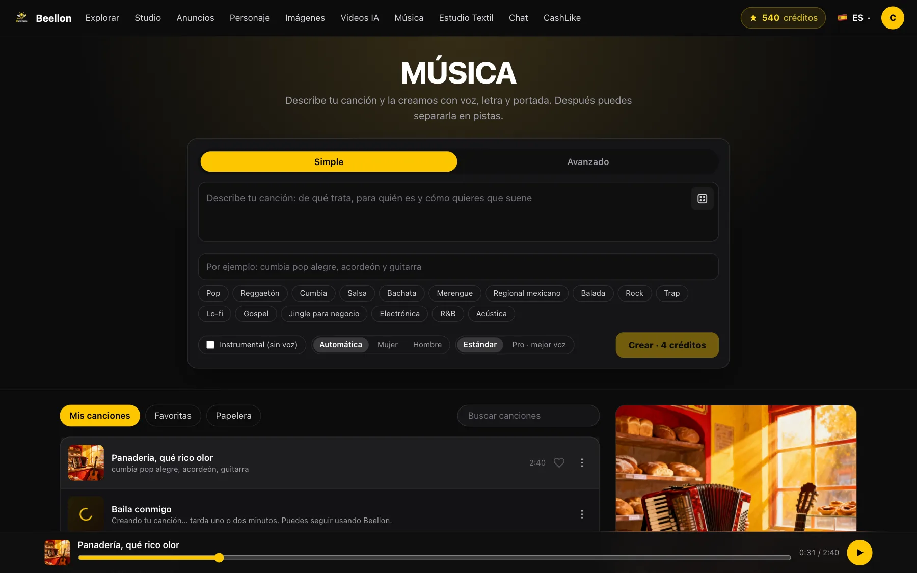 Pantalla de Música de Beellon con la barra para describir la canción, los géneros, la voz, la calidad y el botón Crear con el precio