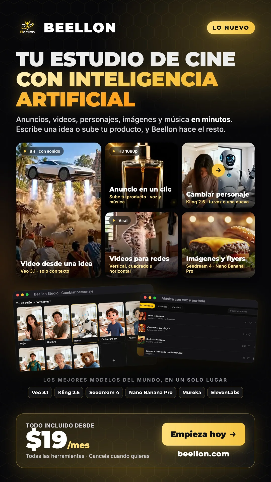 Ficha vertical de Beellon con creaciones reales: auto volador, anuncio de perfume, cambio de personaje, gato bailando y hamburguesa, con el precio desde 19 dólares al mes