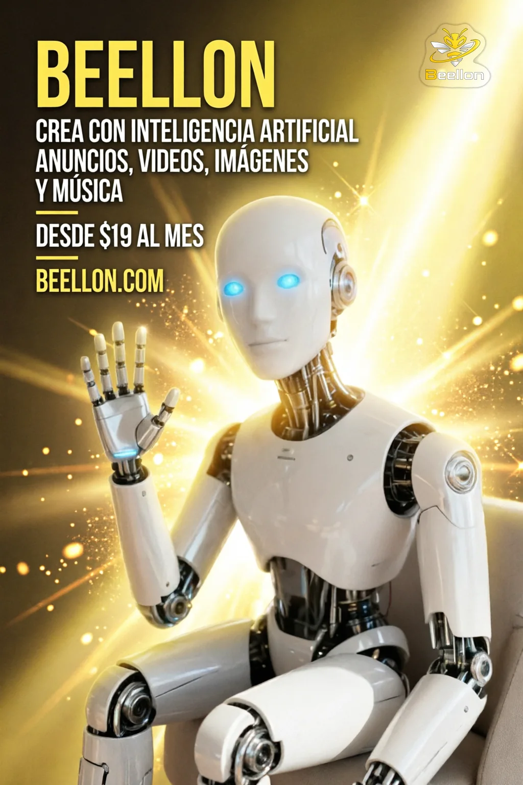 Flyer claro de Beellon con robot, título a la izquierda y logo arriba a la derecha