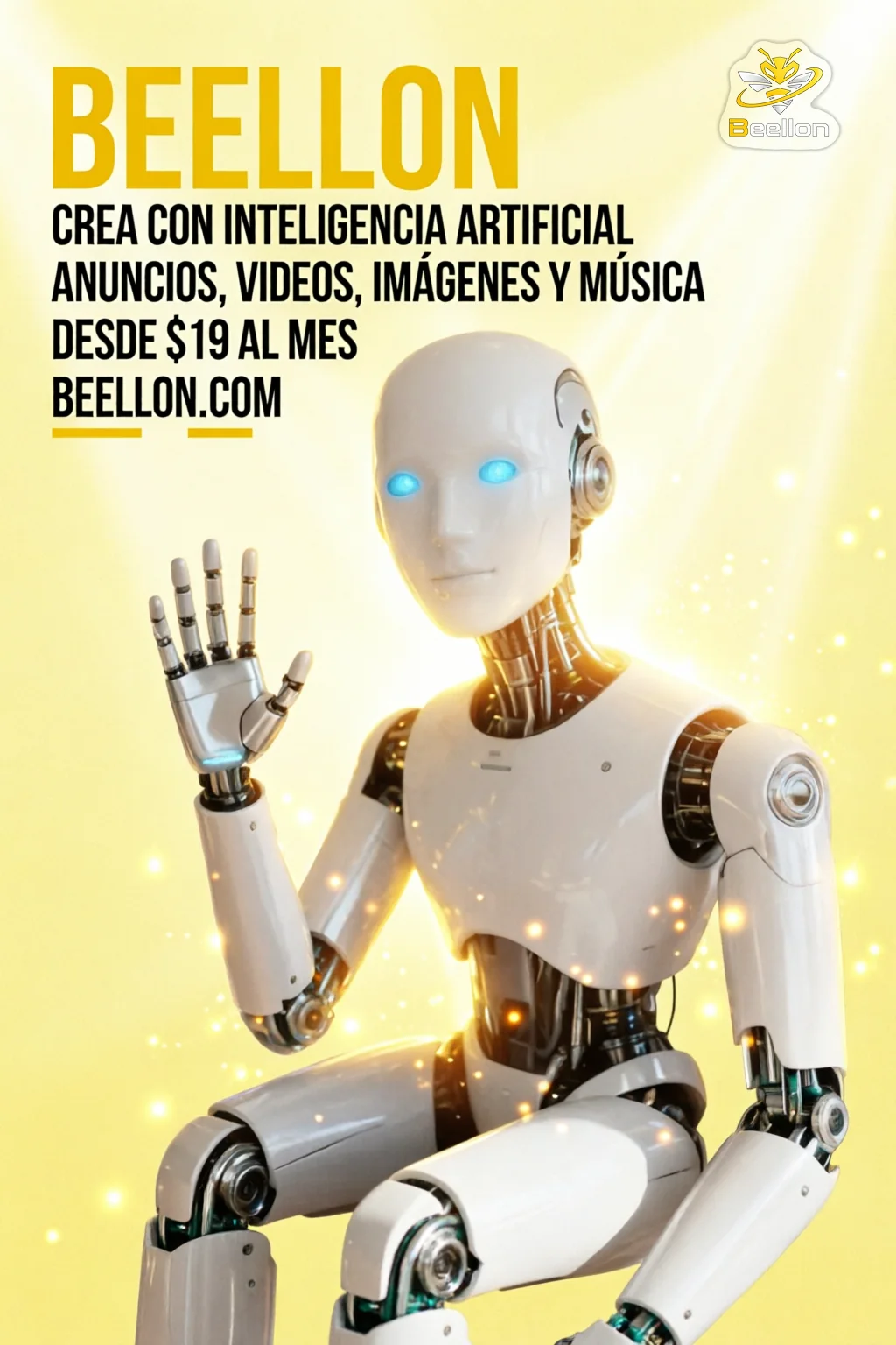 Flyer amarillo de Beellon con un robot blanco saludando, el logo y el precio desde 19 dólares al mes