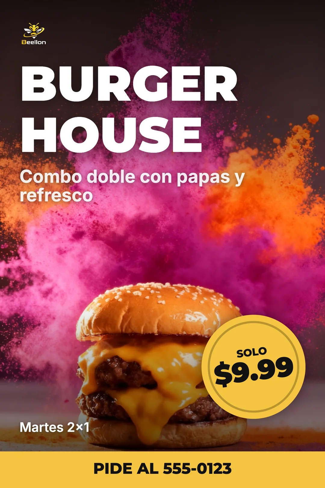 Flyer de hamburguesa con título grande, sello amarillo con el precio de 9.99 y barra de contacto, hecho con Texto perfecto