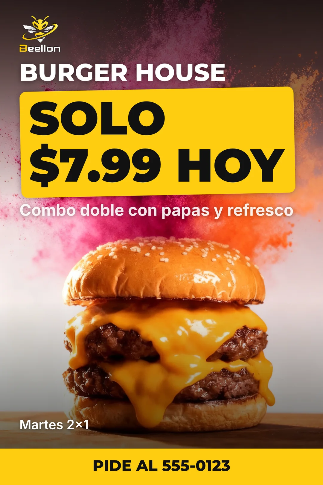 Flyer de hamburguesa con el precio «Solo 7.99 hoy» en una franja amarilla gigante