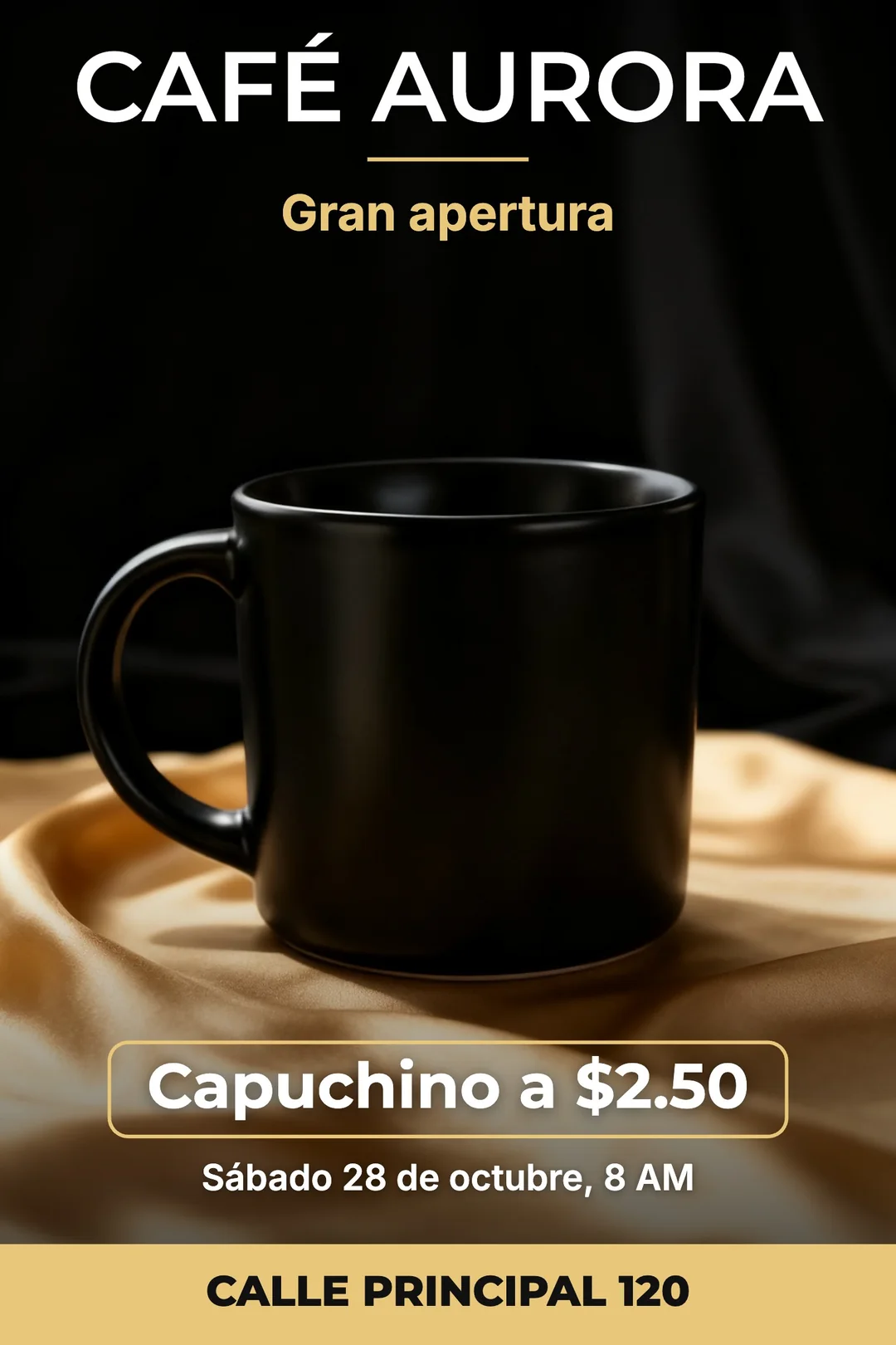 Flyer elegante de gran apertura de una cafetería con taza negra sobre seda dorada y el precio del capuchino